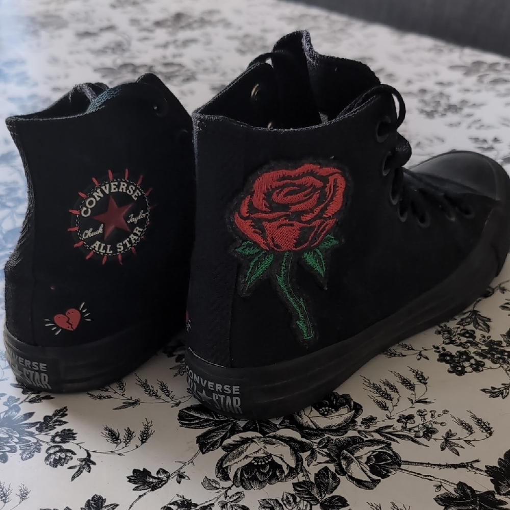 Converse Black High-Tops with Red Rose Design